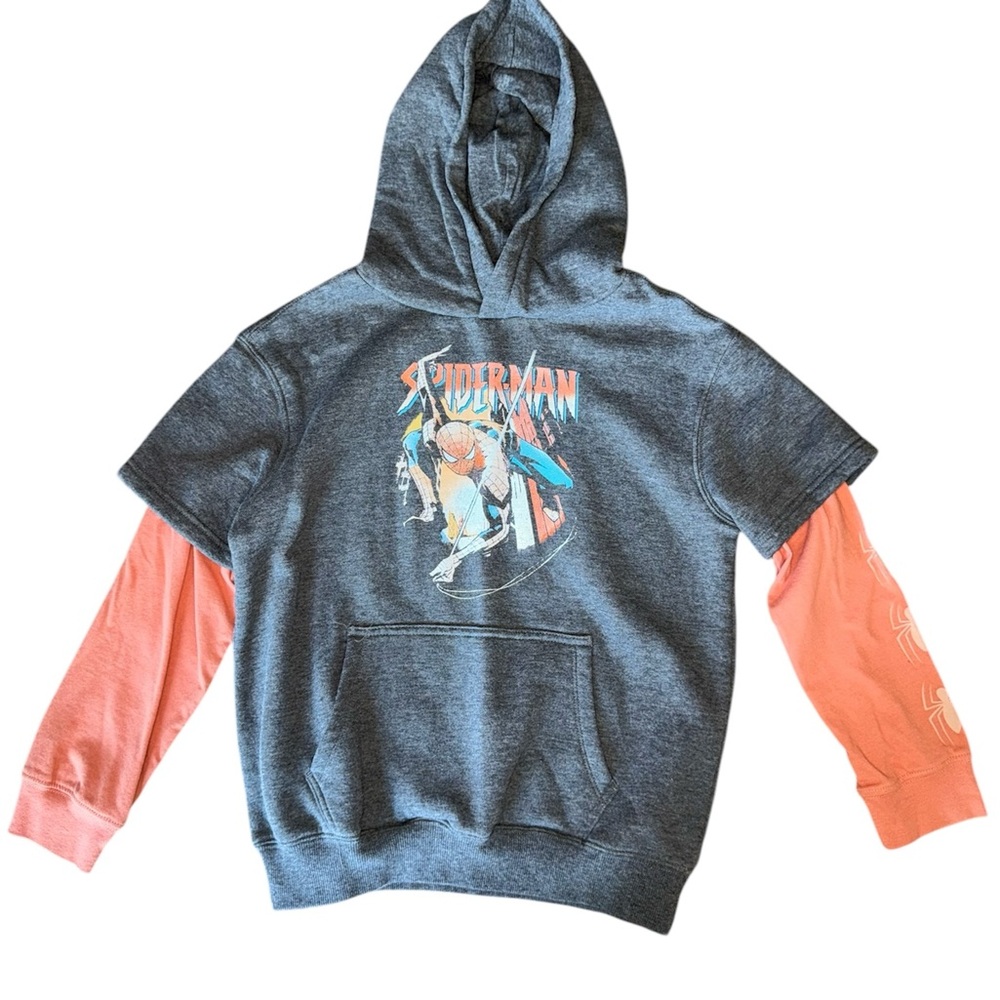 Marvel Spiderman Boys Hoodie Sweatshirt Grey With Orange Sleeves Medium
